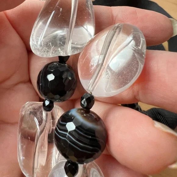 HUGE VINTAGE ROCK CRYSTAL & BANDED AGATE FACETED BEADS LONG CUSTOM MADE NECKLACE